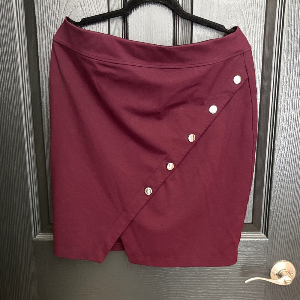 Apt. 9 Asymmetrical Skirt in Deep Burgundy with Button Accents